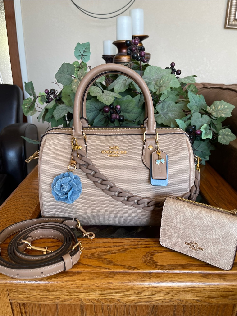 Coach Rowan Satchel in Taupe Fabric with Matching Wallet